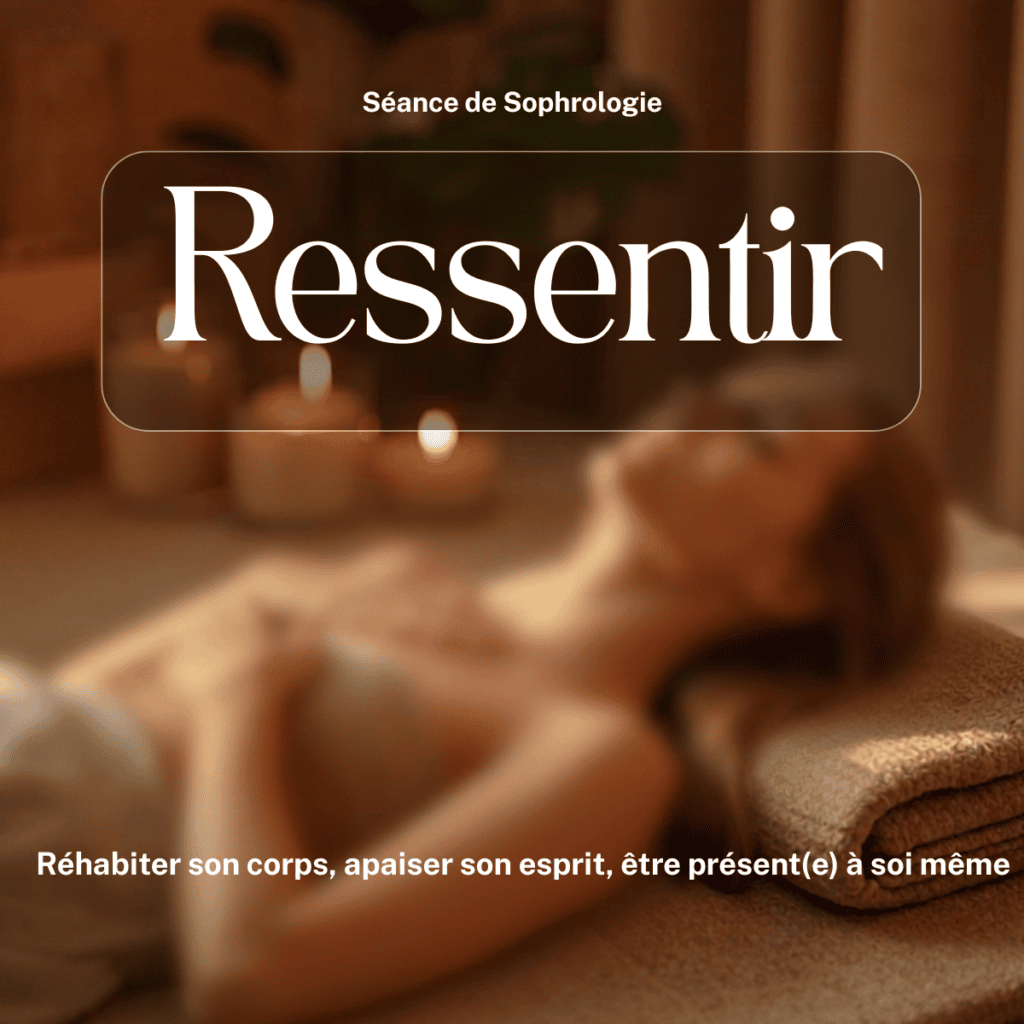 séance de relaxation en sophrologie femme pratiquant la sophrologie, yeux fermés, détente